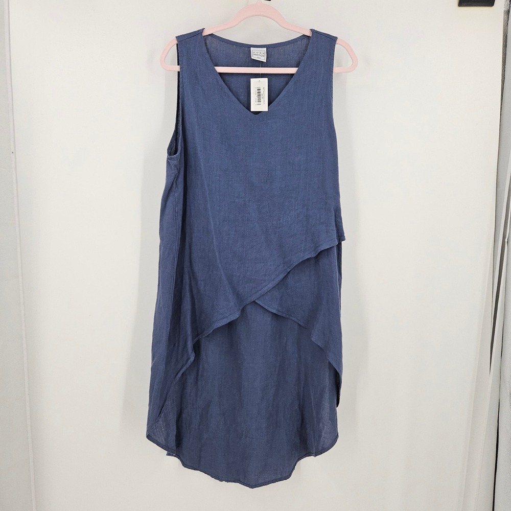 Pure Match Sleeveless Tunic Top Blue Linen Lagenlook Overlap Asymmetrical Size L